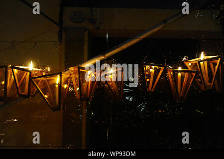 Ahuachapan, El Salvador. 8th Sep, 2019. Lanterns hang light the streets of Ahuachapan. In the town of Ahuachapan, people come together to celebrate the eve of the birth of Virgin Mary. For 169 years, people light the streets of Ahuachapan with lanterns, now hundreds of locals and tourist take part in this tradition. Credit: Camilo Freedman/ZUMA Wire/Alamy Live News Stock Photo