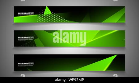 set the triangle background light header banner. Abstract composition of 3D triangles. Modern geometric green backgrounds isolated black Stock Vector
