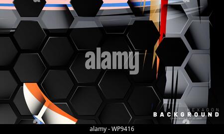 Black hexagon abstract pattern on colorful brush style background technology. Honeycomb. Vector illustration Stock Vector