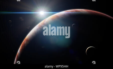 planet Jupiter with moons in front of the Sun Stock Photo