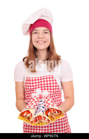 happy girl cook with gyros on plate fast food Stock Photo