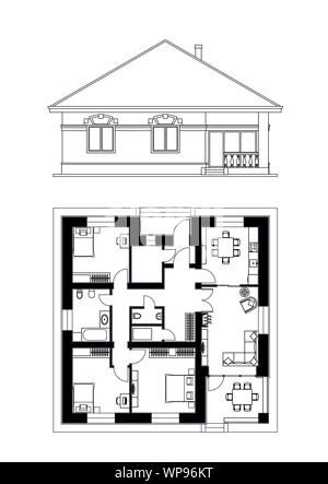Architectural facade and plan of a house. The drawing of the cottage. Isolated on white background. Vector black illustration EPS10 Stock Vector
