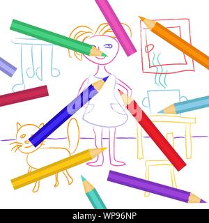 Child's drawing with crayons. Cute kid's doodle depicting a girl and a cat in the kitchen. Girl or woman cooking food. Colored pencils are scattered Stock Vector