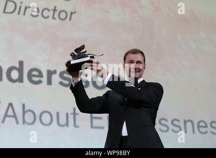 Venice, Italy. 7th Sep, 2019. Producer Johan Carlsson receives the Silver Lion for Best Director on behalf of Swedish director Roy Andersson at the 76th Venice International Film Festival, for the movie 'About Endlessness', in Venice, Italy, Sept. 7, 2019. The 76th Venice Film Festival has run from Aug. 28 to Sept. 7 at the Lido of the Italian lagoon city, with 21 films in competition. Credit: Cheng Tingting/Xinhua/Alamy Live News Stock Photo