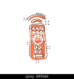 Remote control icon in comic style. Infrared controller vector cartoon illustration on white isolated background. Tv keypad business concept splash ef Stock Vector