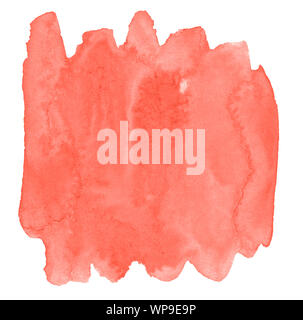 Living coral watercolor is a trendy color, an isolated stain with fancy real stains and borders. Frame with copy space for text. Stock Photo