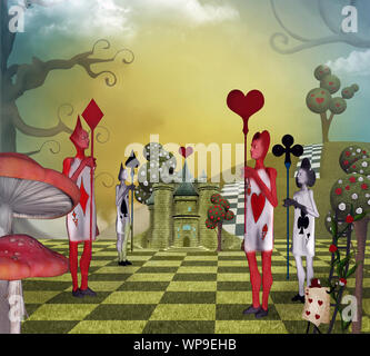 Landscape inspired by Alice in Wonderland with the card guards of the Queen of Hearts Stock Photo