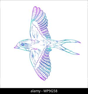 Neon illustration of a swallow in a profile. Flying cosmic bird Stock Vector