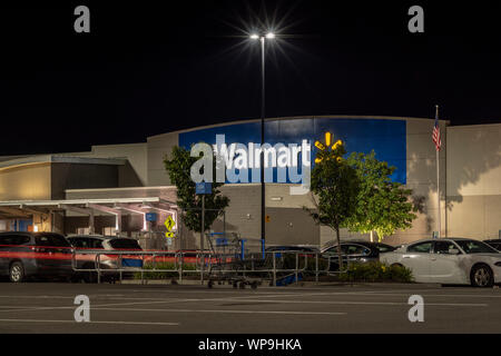 SYRACUSE, NEW YORK, SEP 05, 2019: Night View of Walmart supercenter exterior. It is an American multinational corporation that runs large discount sto Stock Photo