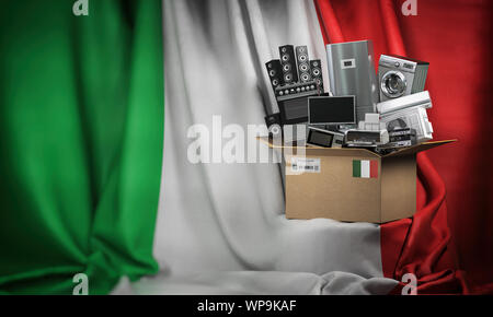 Household appliances made in Italy. Home kitchen technics in a cardboard box producted and delivered from Italy. 3d illustration Stock Photo