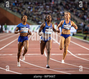 Brussels - Belgium - Sep 6: Shelly-Ann Fraser-Pryce (JAM), Dina Asher-Smith (GBR), Dafne Schippers (NED) crossing the finishing line in the 100m durin Stock Photo