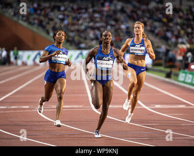 Brussels - Belgium - Sep 6: Shelly-Ann Fraser-Pryce (JAM), Dina Asher-Smith (GBR), Dafne Schippers (NED) crossing the finishing line in the 100m durin Stock Photo