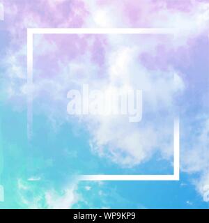 Vector neon pastel toned abstract sky background with clouds and a frame, a design template with a place for a quote and logo Stock Vector