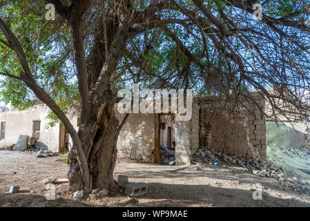 Derelict house, taken at the end of the afternoon with foliage shadows on walls, in the old Msheireb district, Doha, Qatar Stock Photo