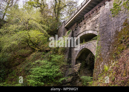 Devil's Bridge a famous location of three bridges, one over another above a rocky ravine near Aberyswyth in mid Wales. Stock Photo