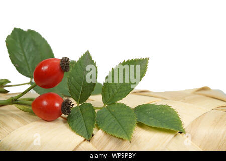 Bright red rose hips with green leaves on a tipped wicker basket isolated on white with copy space rich in Vitamin C and used for medicinal treatment Stock Photo