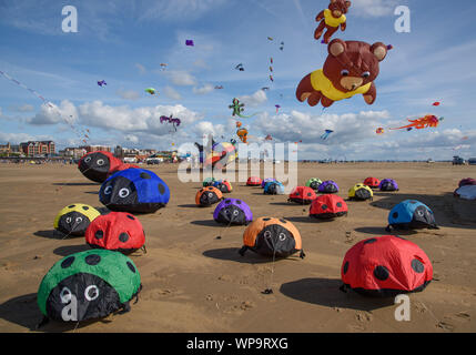 St Annes on the Sea, Lancashire, UK. 7th Sept 2019. St Annes International Kite Festival 2019, St Annes beach, St Annes on the Sea, Lancashire. Displays of kites from teams across the UK and overseas. Credit: John Eveson/Alamy Live News Stock Photo