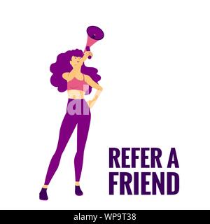 beautiful girl is holding megaphone, refer to a friend text. Stock Vector
