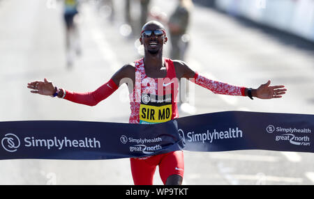 Sir Mo Farah wins the Men's Elite Race during the 2019 Simplyhealth Great North Run in Newcastle. Stock Photo