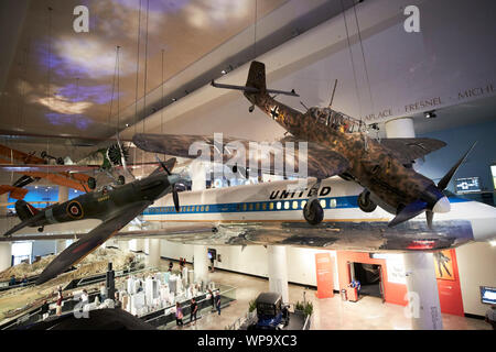 aircraft display in the transportation gallery including ju87 stuka divebomber spitfire and first boeing 727 museum of science and industry Chicago Il Stock Photo