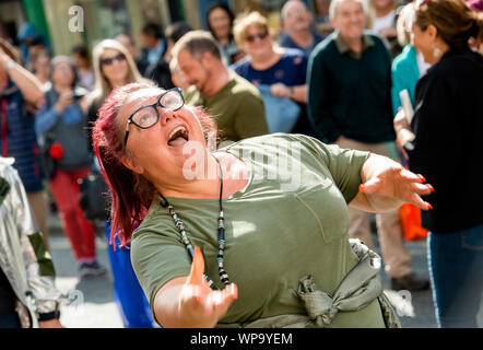 Competitors throw black puddings to knock down Yorkshire puddings during the annual World Black Pudding Throwing Championships in Ramsbottom, Lancashire. PA Photo. Picture date: Sunday September 8, 2019. Local legends claim the tradition dates back to the War of the Roses. Warring factions of the House of Lancaster and the House of York are said to have run out of ammunition and resorted to throwing food at each other at a battle in Stubbins, Lancashire in 1455. See PA story SOCIAL BlackPudding. Photo credit should read: Peter Powell/PA Wire Stock Photo