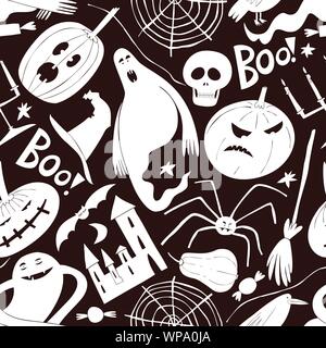 Halloween seamless pattern. Vector hand drawn illustrations on dark background. Design with halloween symbols. Can be used as flyer or invitation Stock Vector
