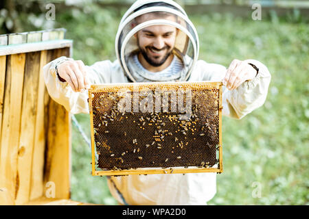 Beekeeper in protective uniform getting honeycombs from the wooden hive, working on the apiary Stock Photo