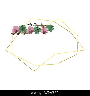 Hand drawn doodle style succulent and orchid flower wreath with polygonal garland, vintage geometric frame Stock Vector