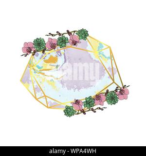 Hand drawn doodle style succulent and orchid flower wreath with polygonal garland, vintage geometric frame Stock Vector