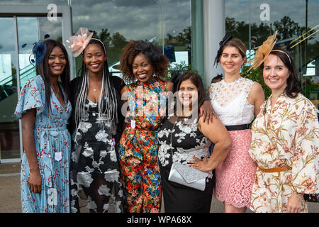 Italian Tourist Board Festival of Food and Wine, Ascot Racecourse, Ascot, Berkshire, UK. 7th September, 2019. All smiles for these fashionable ladies. Credit: Maureen McLean/Alamy Stock Photo