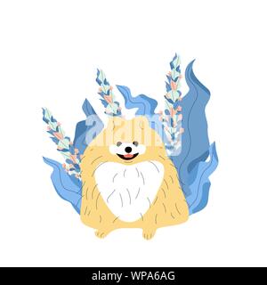 Cute pomeranian puppy sitting in the grass. Stock Vector