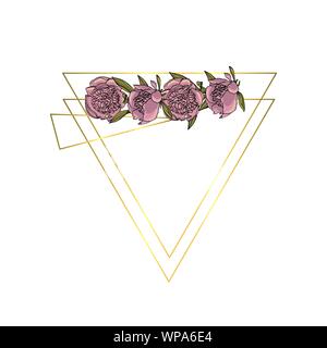 Hand drawn doodle style violet peony flower wreath with polygonal garland, vintage geometric frame, floral design element. Stock Vector