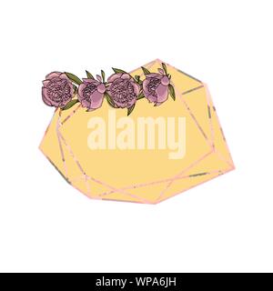 Hand drawn doodle style violet peony flower wreath with polygonal garland, vintage geometric frame, floral design element. Stock Vector