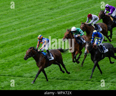 Italian Tourist Board Festival of Food and Wine, Ascot Racecourse, Ascot, Berkshire, UK. 7th September, 2019. Jockey Kieran O'Neill wins the Italian Tourist Board British EBF Novice Stakes on horse Cherokee Trail (USA). Trainer John Gosden, Newmarket. Credit: Maureen McLean/Alamy Stock Photo