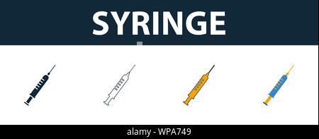 Syringe icon set. Four elements in diferent styles from medicine icons collection. Creative syringe icons filled, outline, colored and flat symbols Stock Vector