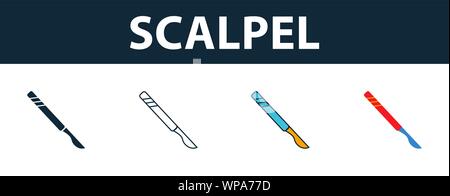 Scalpel icon set. Four elements in diferent styles from medicine icons collection. Creative scalpel icons filled, outline, colored and flat symbols Stock Vector
