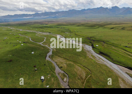 Xinyuan. 7th Sep, 2019. Aerial photo taken on Sept. 7, 2019 shows the scenery of Narat scenic spot in Xinyuan County, northwest China's Xinjiang Uygur Autonomous Region. Credit: Zou Yu/Xinhua/Alamy Live News Stock Photo