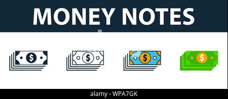 Money Notes icon set. Four elements in diferent styles from money icons collection. Creative money notes icons filled, outline, colored and flat Stock Vector