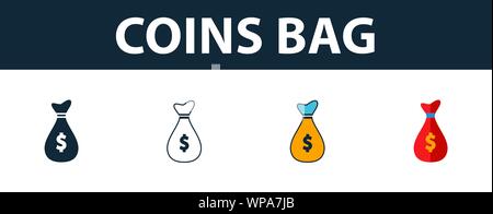 Coins Bag icon set. Four elements in diferent styles from money icons collection. Creative coins bag icons filled, outline, colored and flat symbols Stock Vector