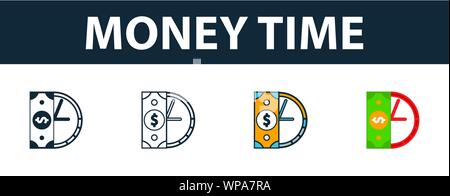 Money Time icon set. Four elements in diferent styles from money icons collection. Creative money time icons filled, outline, colored and flat symbols Stock Vector