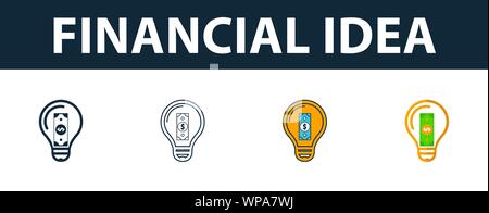 Financial Idea icon set. Four elements in diferent styles from money icons collection. Creative financial idea icons filled, outline, colored and flat Stock Vector