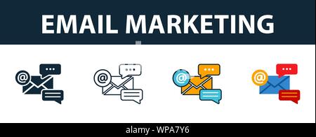 Email Marketing icon set. Four elements in diferent styles from online marketing icons collection. Creative email marketing icons filled, outline Stock Vector