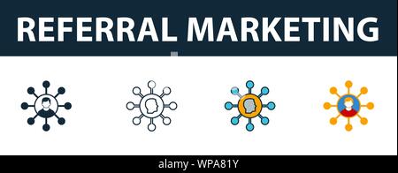 Referral Marketing icon set. Four elements in diferent styles from online marketing icons collection. Creative referral marketing icons filled Stock Vector