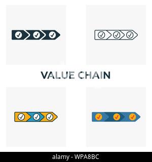 Value Chain icon set. Four elements in diferent styles from industry 4.0 icons collection. Creative value chain icons filled, outline, colored and Stock Vector