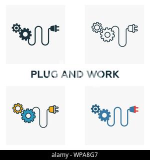 Plug And Work icon set. Four elements in diferent styles from industry 4.0 icons collection. Creative plug and work icons filled, outline, colored and Stock Vector