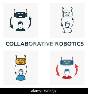 Collaborative Robotics icon set. Four elements in diferent styles from industry 4.0 icons collection. Creative collaborative robotics icons filled Stock Vector