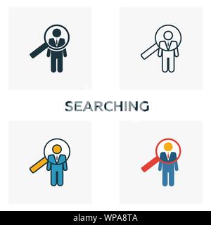 Searching icon set. Four elements in diferent styles from human resources icons collection. Creative searching icons filled, outline, colored and flat Stock Vector