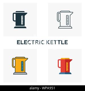 Electric Kettle icon set. Four elements in diferent styles from household icons collection. Creative electric kettle icons filled, outline, colored Stock Vector