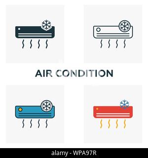 Air Condition icon set. Four elements in diferent styles from household icons collection. Creative air condition icons filled, outline, colored and Stock Vector