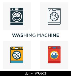 Washing Machine icon set. Four elements in diferent styles from household icons collection. Creative washing machine icons filled, outline, colored Stock Vector